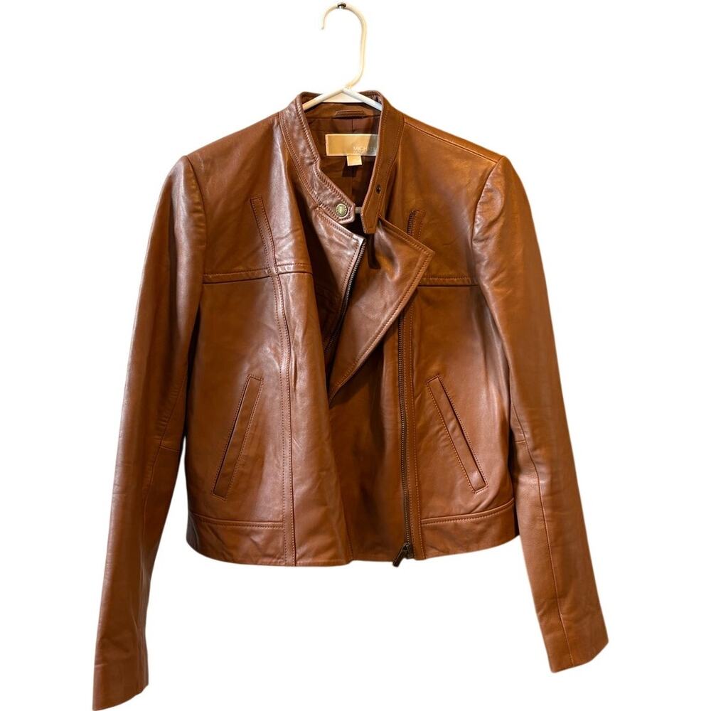 Michael Kors Carmel Brown Moto  100 % leather jacket medium small - Picture 9 of 15